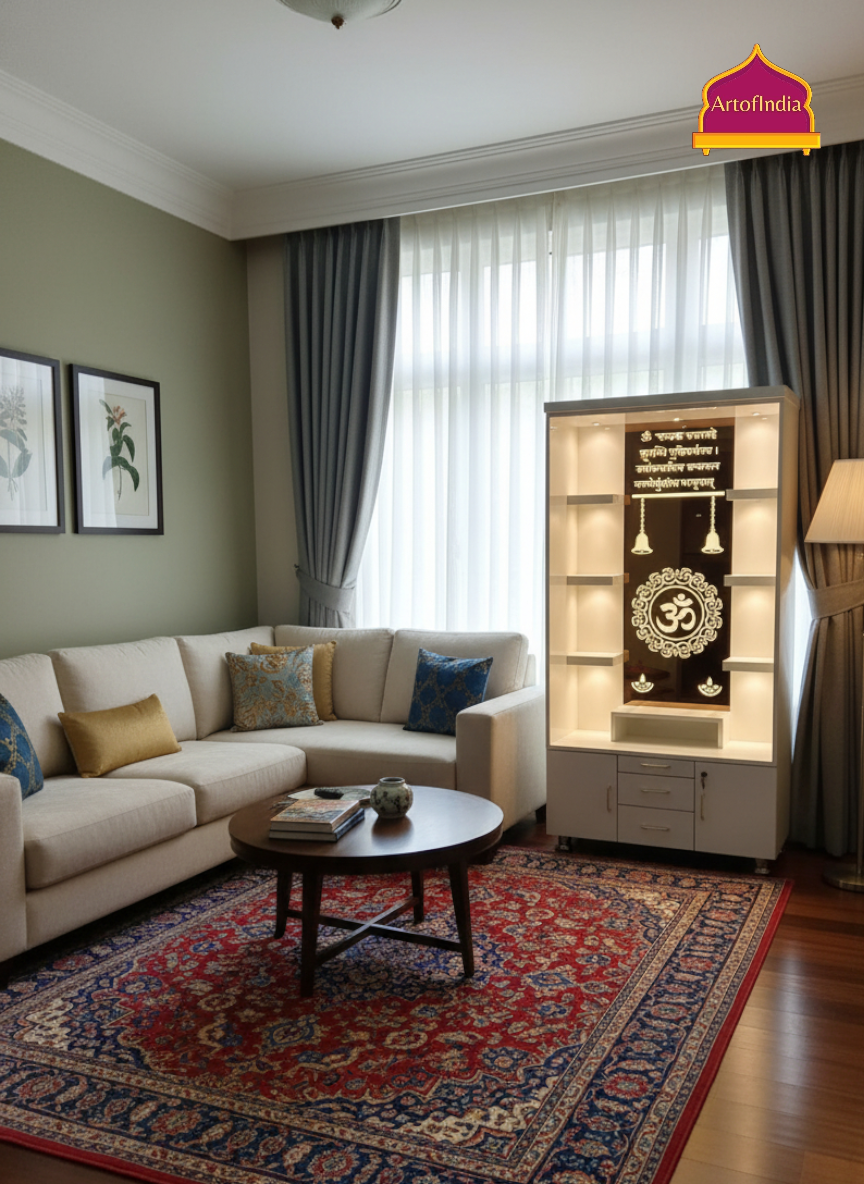 ARTOFINDIA White Wooden Pooja Mandir With Om Glass & and Drawers Included Tray