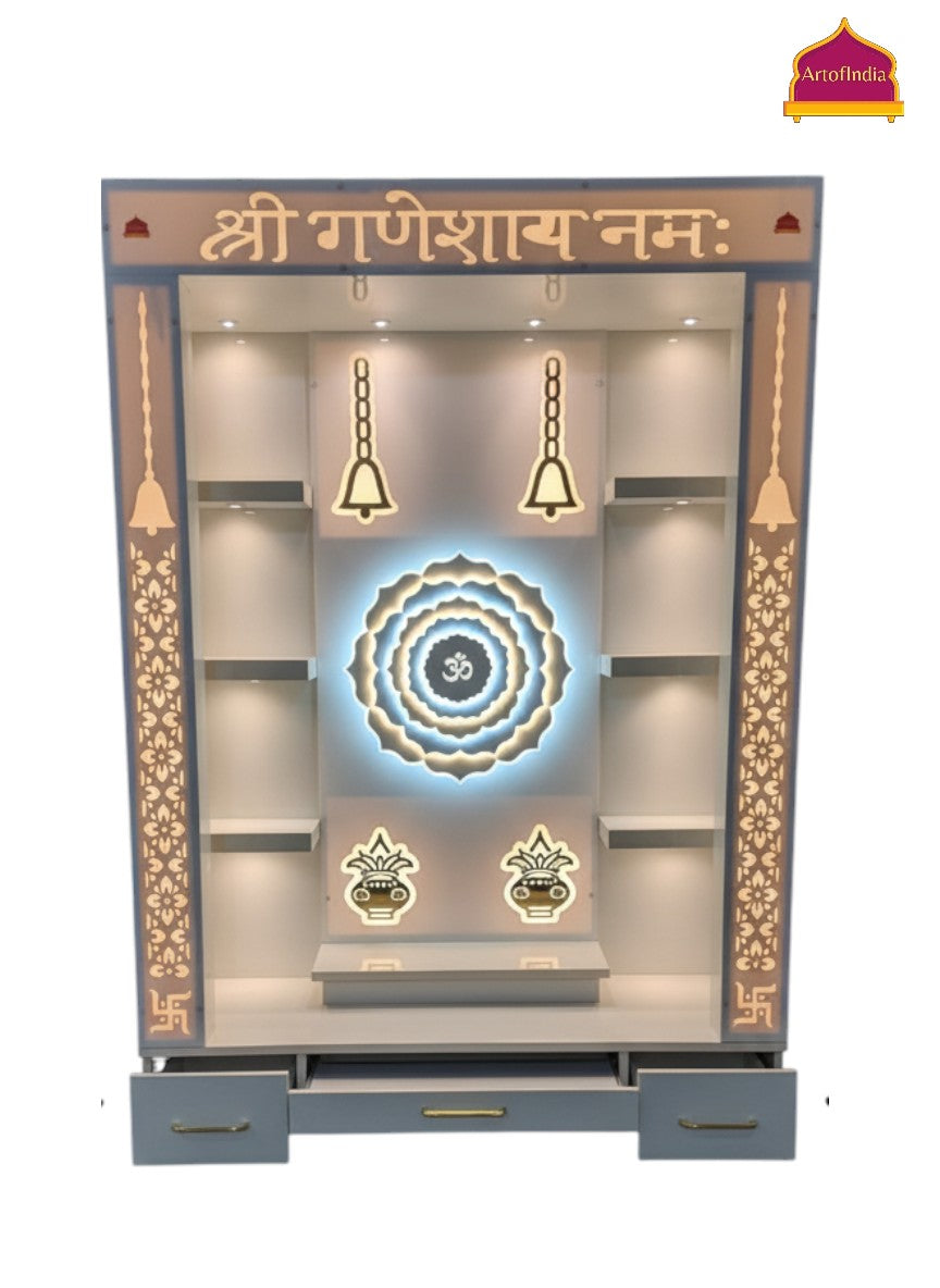 ARTOFINDIA White Wooden Pooja Mandir With  Om Design  & Shelfs and Drawers Included Tray