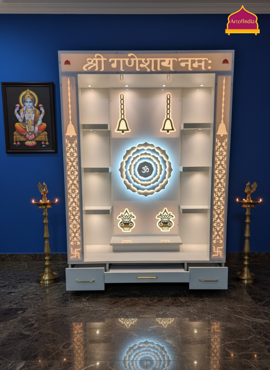 ARTOFINDIA White Wooden Pooja Mandir With  Om Design  & Shelfs and Drawers Included Tray