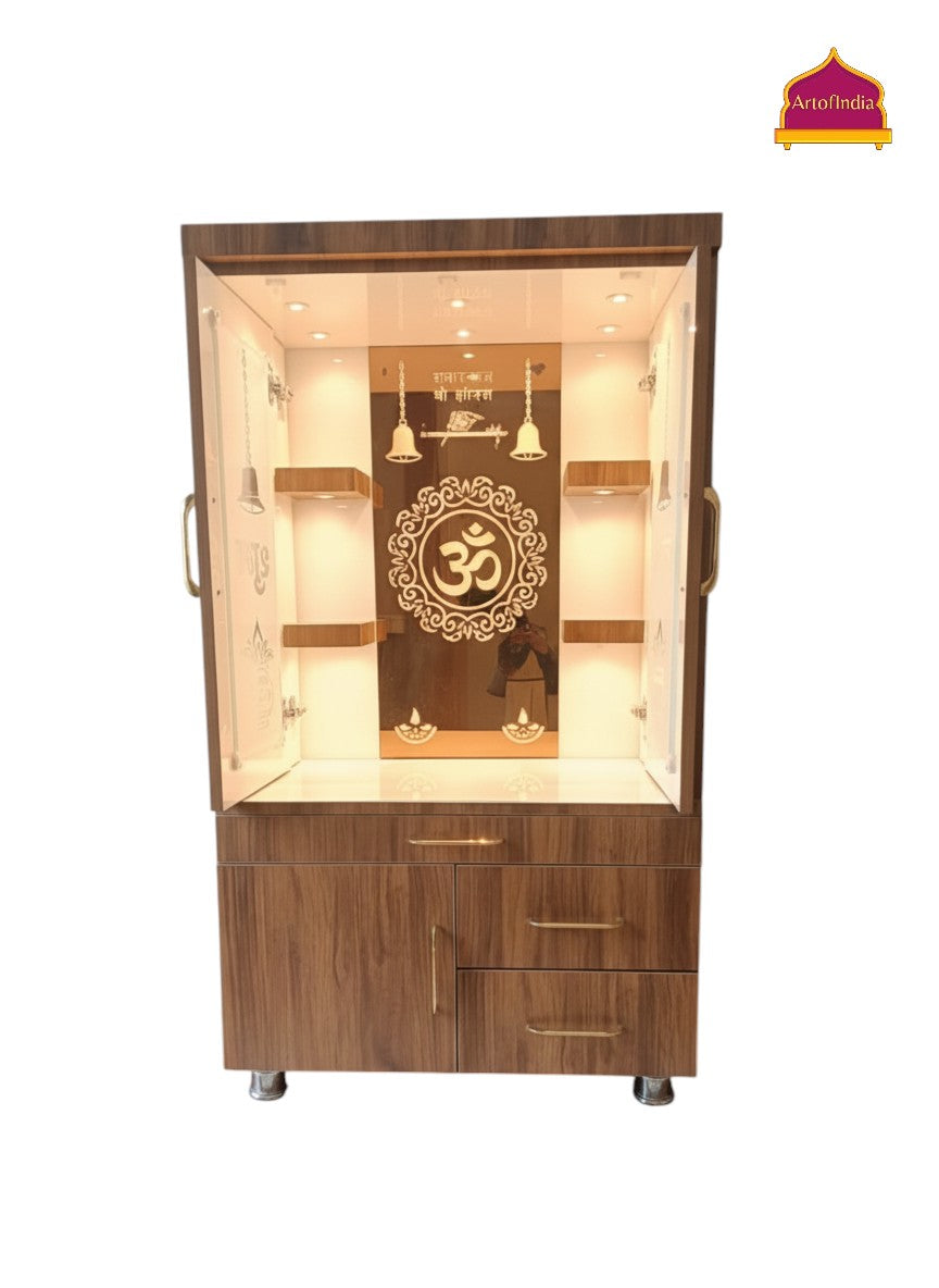 ARTOFINDIA White Brown Wooden Pooja Mandir With Om Glass & Glass Door  and Drawers Included Tray