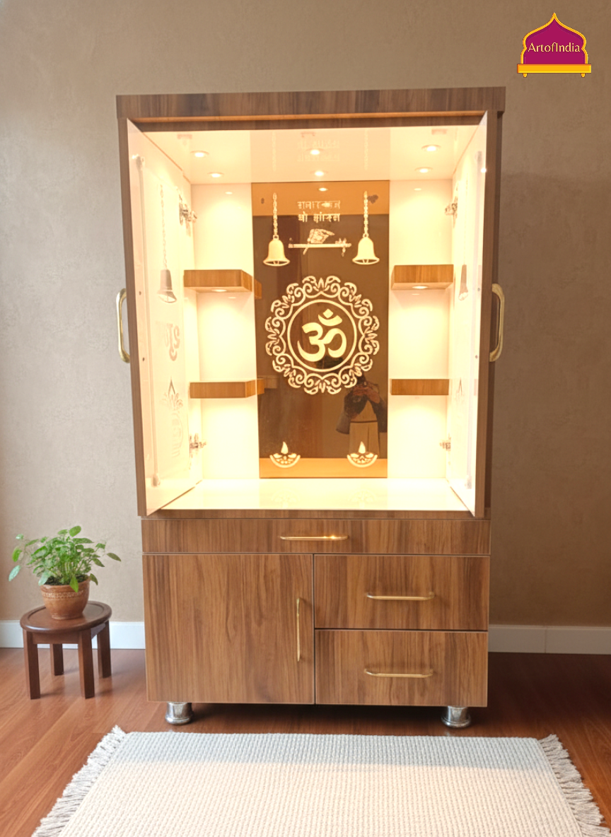 ARTOFINDIA White Brown Wooden Pooja Mandir With Om Glass & Glass Door  and Drawers Included Tray