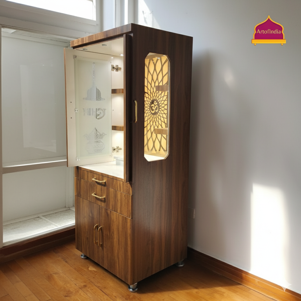 ARTOFINDIA Brown  Wooden Pooja Mandir With doors ,Om Glass  with shelfs  and drawers &tray