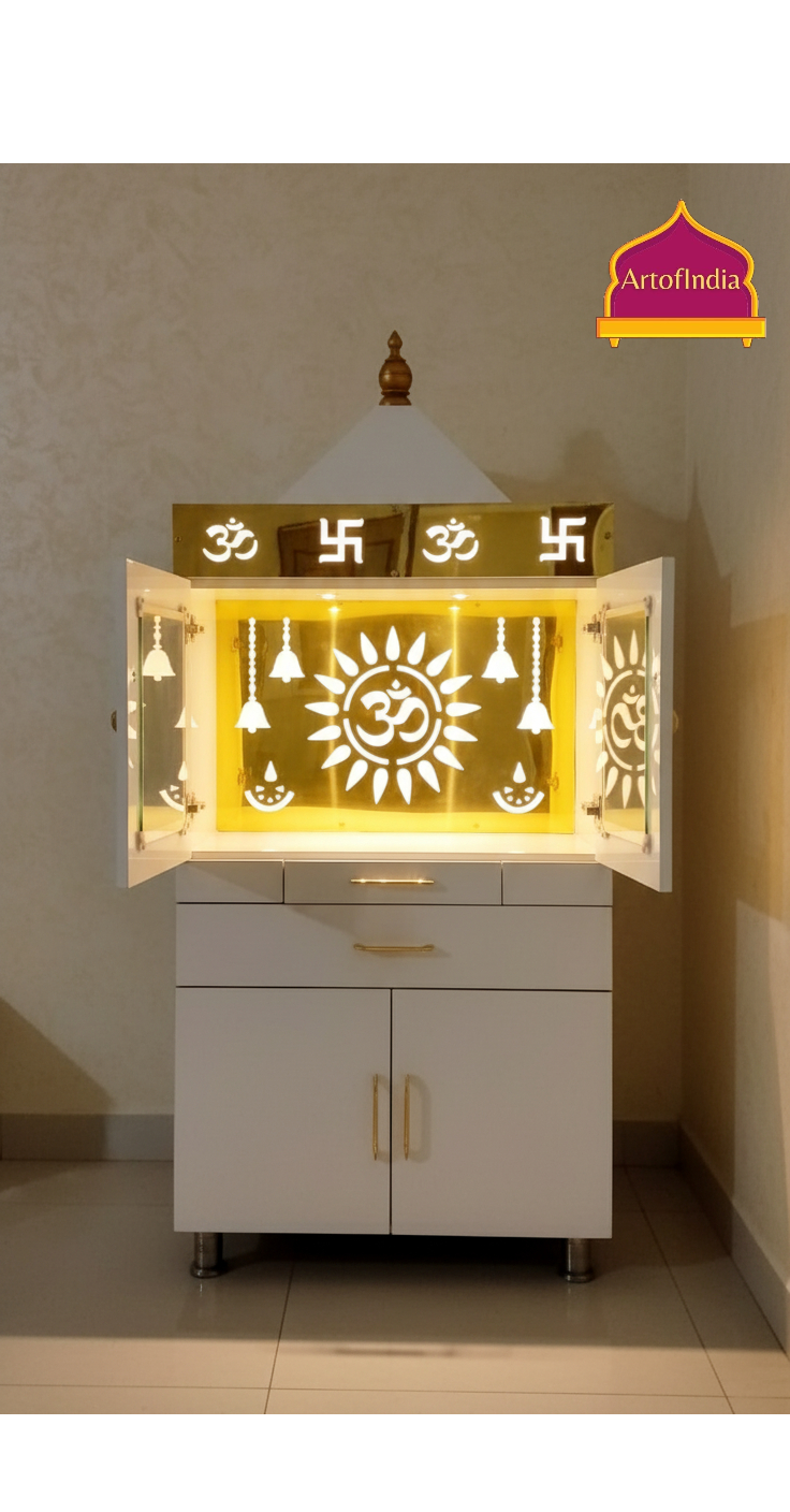 ARTOFINDIA White Wooden Pooja Mandir Normal Door Inside Cooper Glass Foldable Gumbat