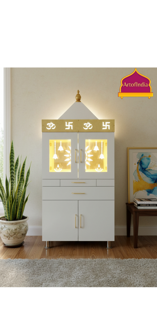 ARTOFINDIA White Wooden Pooja Mandir Normal Door Inside Cooper Glass Foldable Gumbat