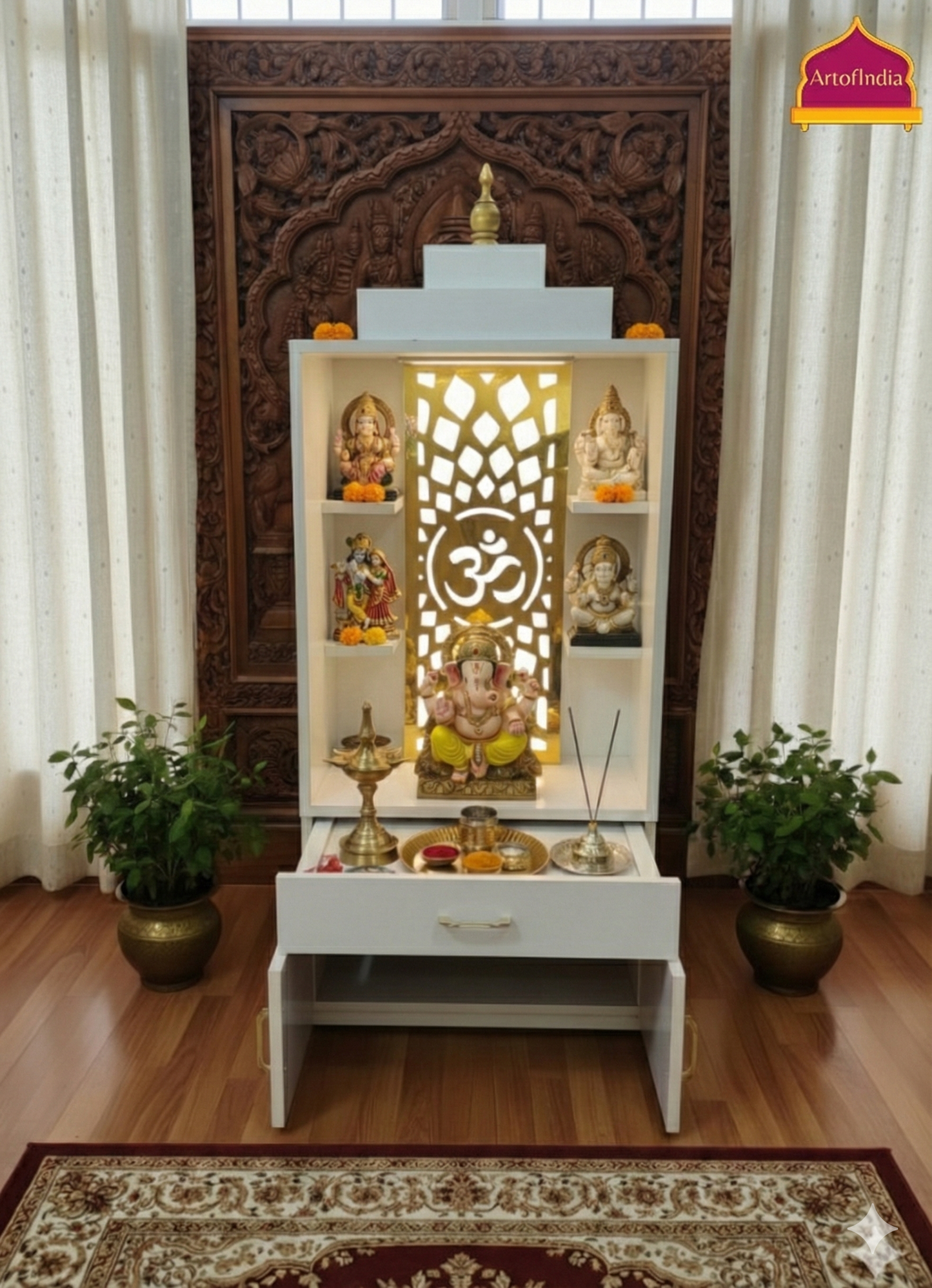 ARTOFINDIA White Wooden Pooja Mandir  With Om Jali With Folding Gumbad Drawers Including Tray
