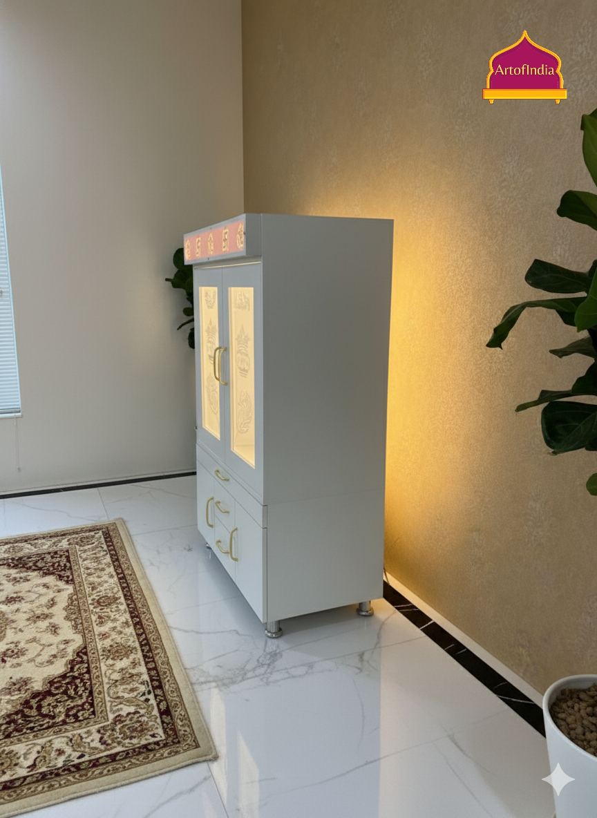 ARTOFINDIA White Wooden Pooja Mandir With  Mor Pankh Glass   &  and Drawers Included Tray