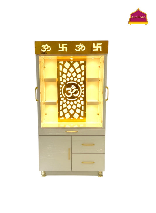 ARTOFINDIA White Wooden Pooja Mandir With Om Jali  &  Glass Doors and Drawers Included Tray
