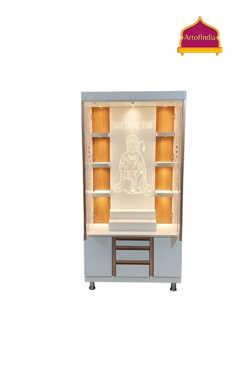 ARTOFINDIA White Wooden Pooja Mandir  With Ganesha doors ,Hanuman Design  with profile & shelfs  and drawers & tray