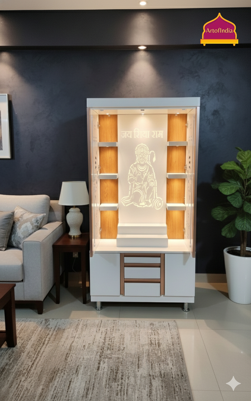 ARTOFINDIA White Wooden Pooja Mandir  With Ganesha doors ,Hanuman Design  with profile & shelfs  and drawers & tray