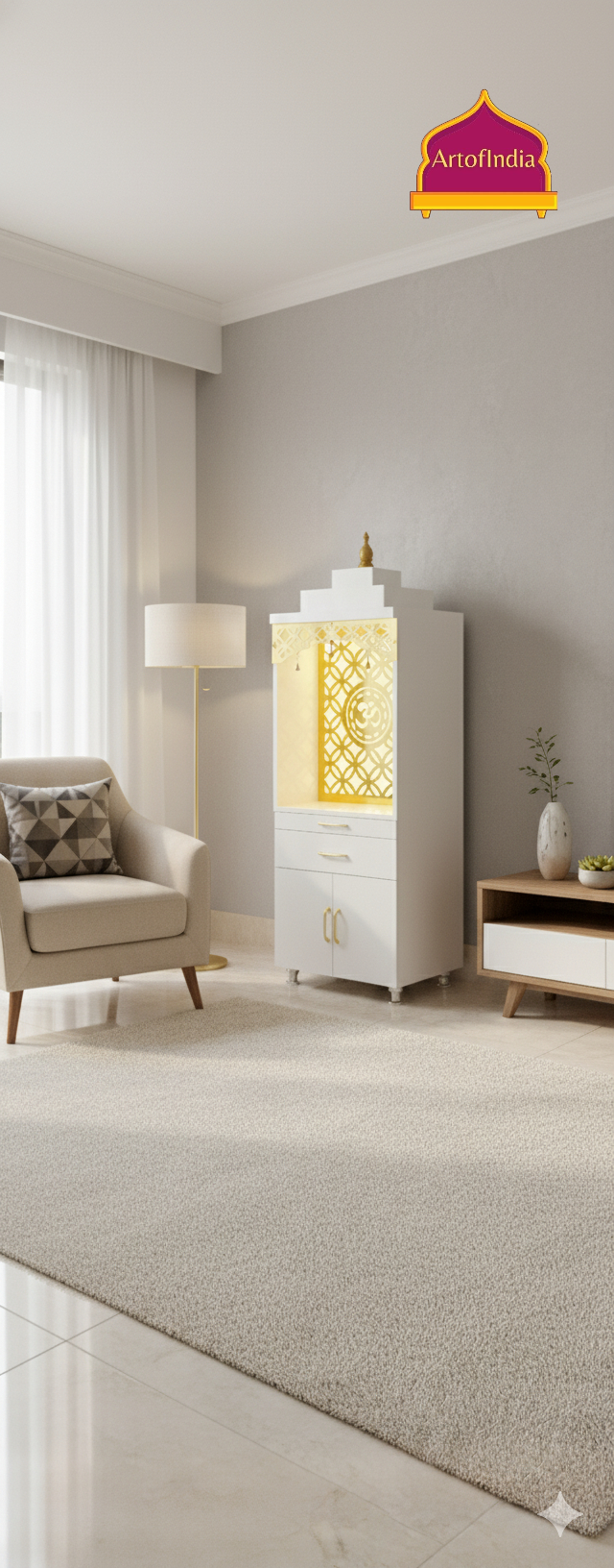 ARTOFINDIA White  Wooden Pooja Mandir With Gumbad & Om jali  with Mehrab  jali and drawers &tray