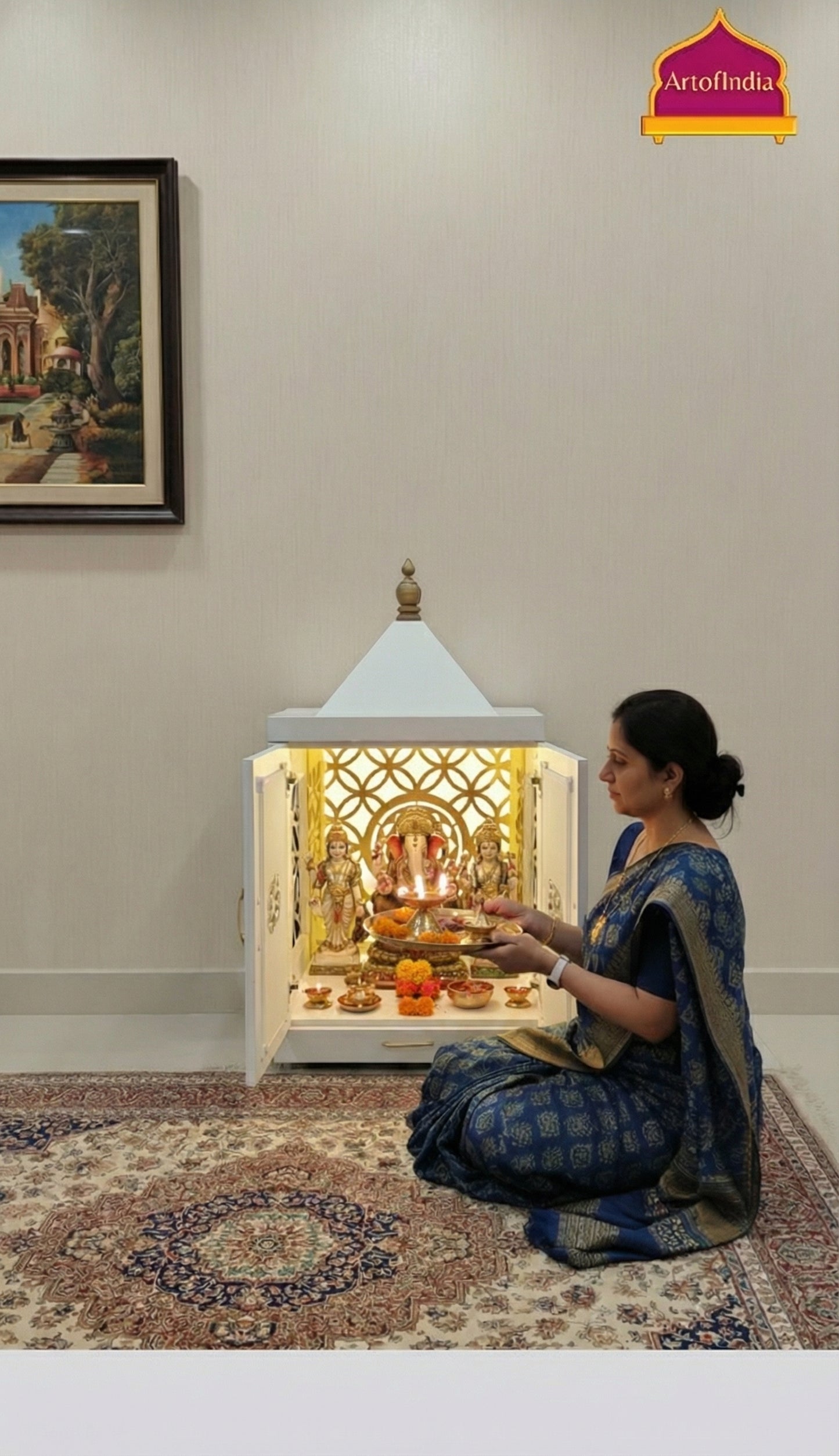 ARTOFINDIA White Wooden Pooja Mandir Normal Door  Om jali  With Foldable Gumbat