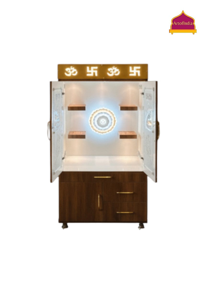 ARTOFINDIA White Brown  Wooden Pooja Mandir With Om Design  &  Glass Doors and Drawers Included Tray
