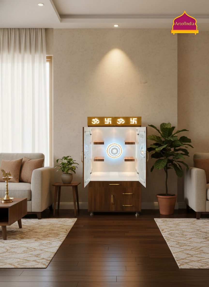 ARTOFINDIA White Brown  Wooden Pooja Mandir With Om Design  &  Glass Doors and Drawers Included Tray