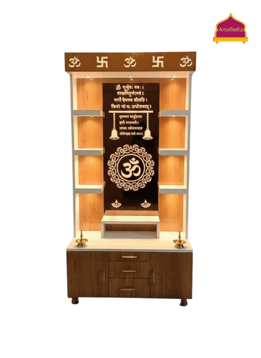 ARTOFINDIA White Brown Wooden Pooja Mandir With Om Glass  and Drawers Included Tray