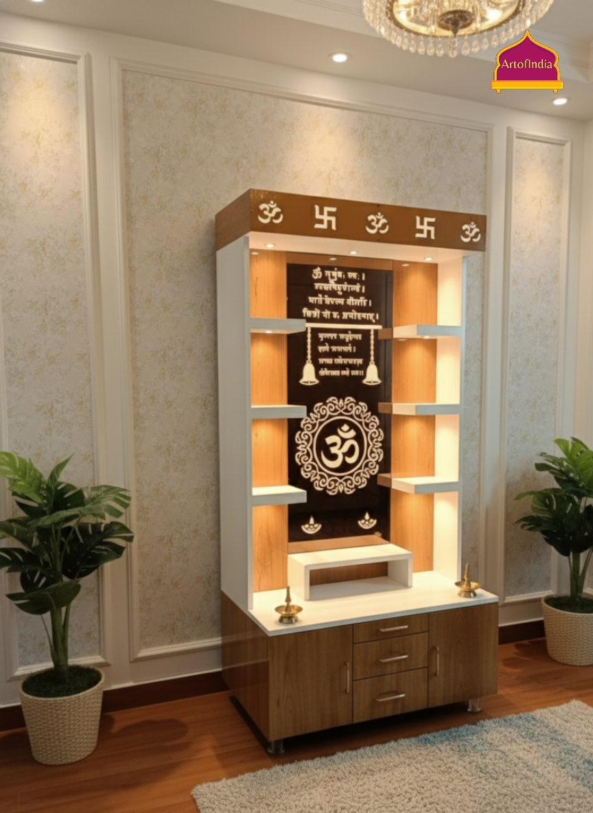 ARTOFINDIA White Brown Wooden Pooja Mandir With Om Glass  and Drawers Included Tray