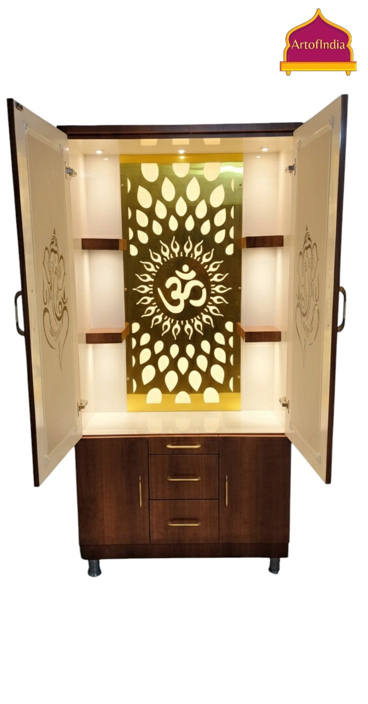 ARTOFINDIA Brown Wooden Pooja Mandir Ganesh Doors ,Om jali  with shelfs  and drawers &tray
