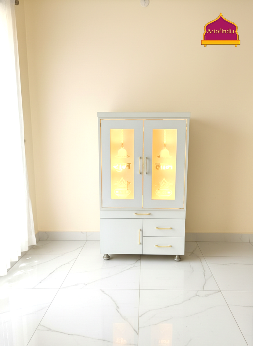 ARTOFINDIA White Wooden Pooja Mandir With Om Glass &  Glass Doors and Drawers Included Tray