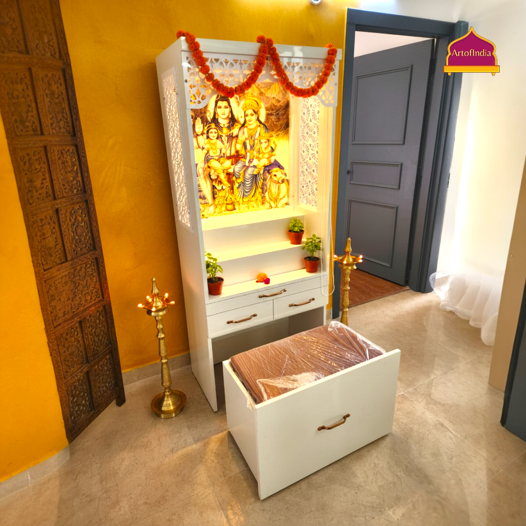 ARTOFINDIA White  Wooden Pooja Mandir With Om Shiv Parivar Design Corian Mandir  With Sitting Stool And Drawers Included Tray