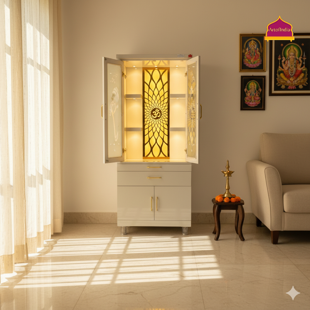 ARTOFINDIA White Wooden Pooja Mandir With  Ganesha glass Door and Drawers Included Tray