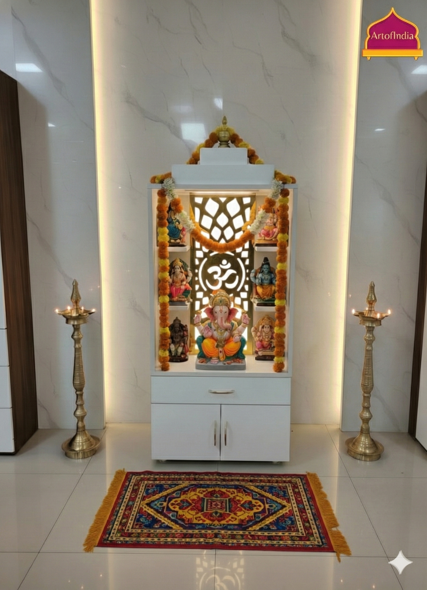 ARTOFINDIA White Wooden Pooja Mandir  With Om Jali With Folding Gumbad Drawers Including Tray