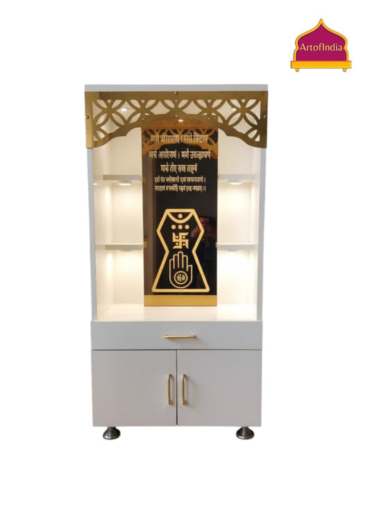 ARTOFINDIA White Wooden Pooja Mandir With Jain Glass  Design and Drawers Included Tray
