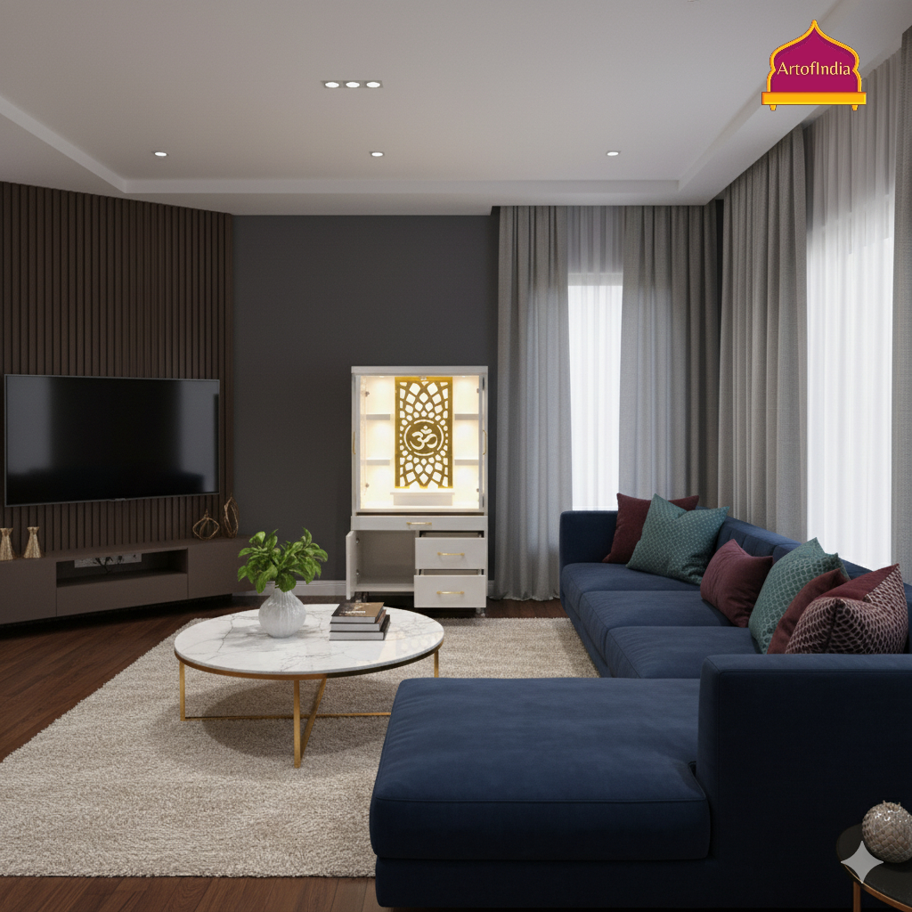 ARTOFINDIA White Wooden Pooja Mandir  With jali Doors & Om Jali and Drawers Included Tray