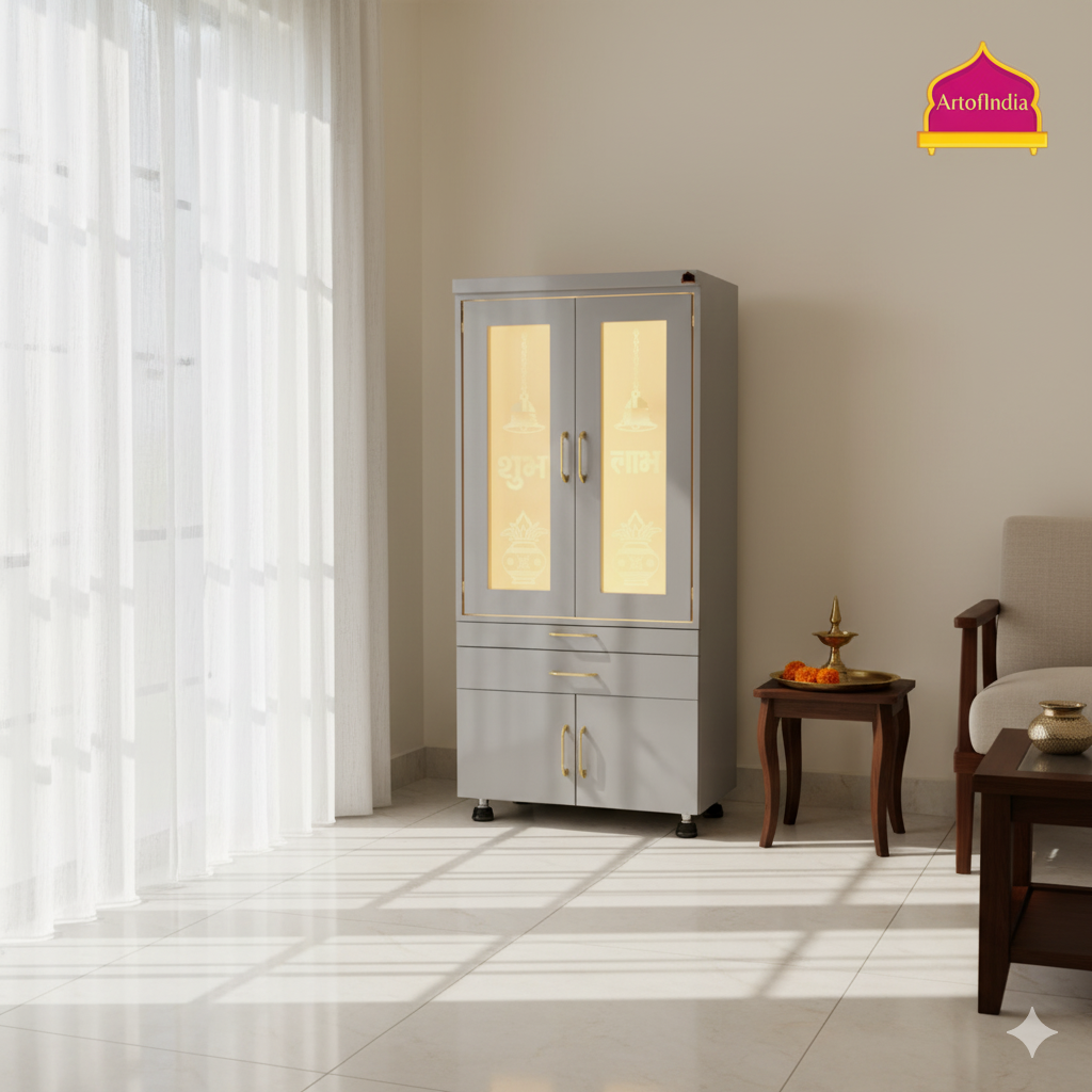 ARTOFINDIA White Wooden Pooja Mandir With  glass Door and Drawers Included Tray