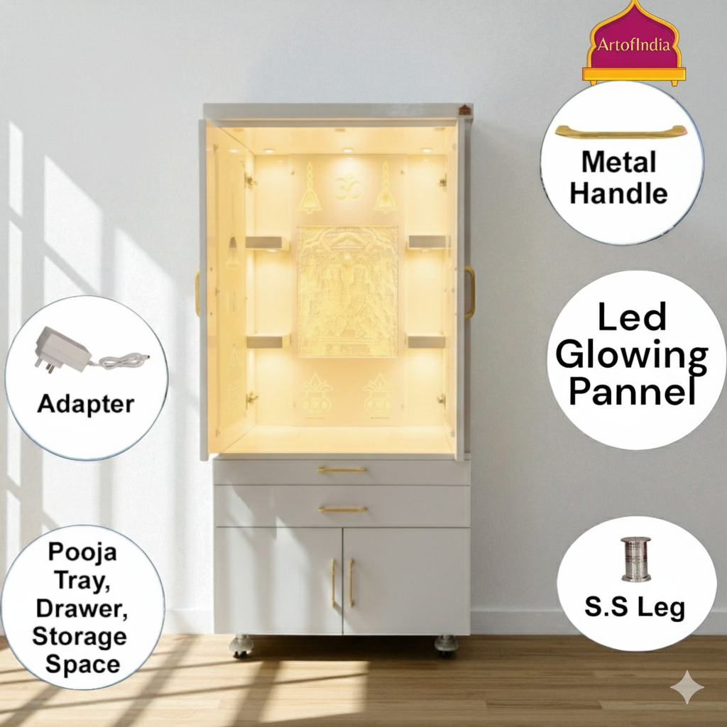 ARTOFINDIA White Wooden Pooja Mandir With  glass Door and Drawers Included Tray