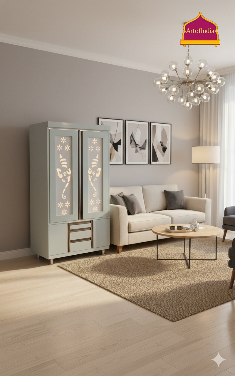 ARTOFINDIA White Wooden Pooja Mandir  With Ganesha doors ,Hanuman Design  with profile & shelfs  and drawers & tray