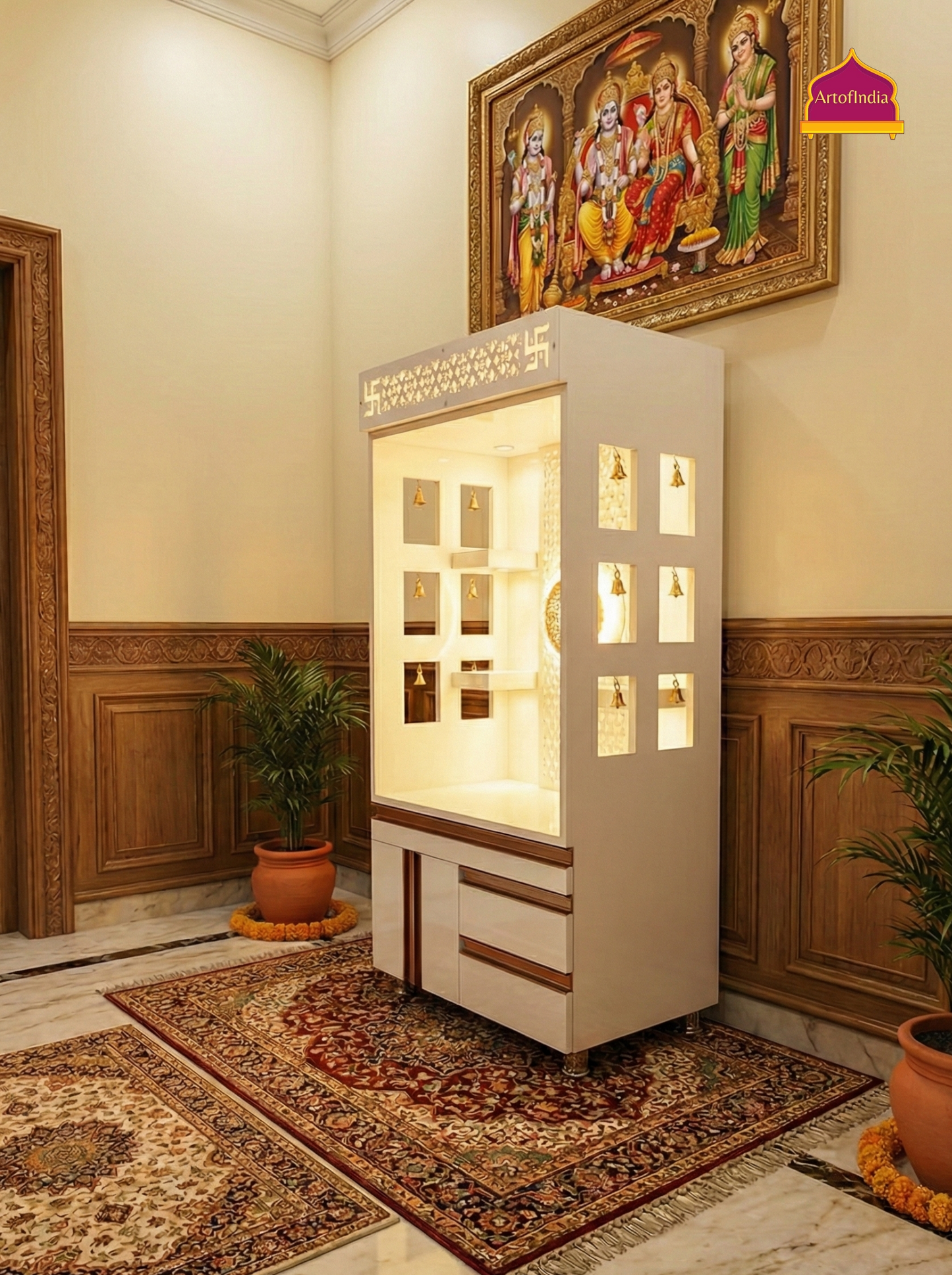 ARTOFINDIA White Wooden Pooja Mandir With Om Design  and Drawers Included Tray