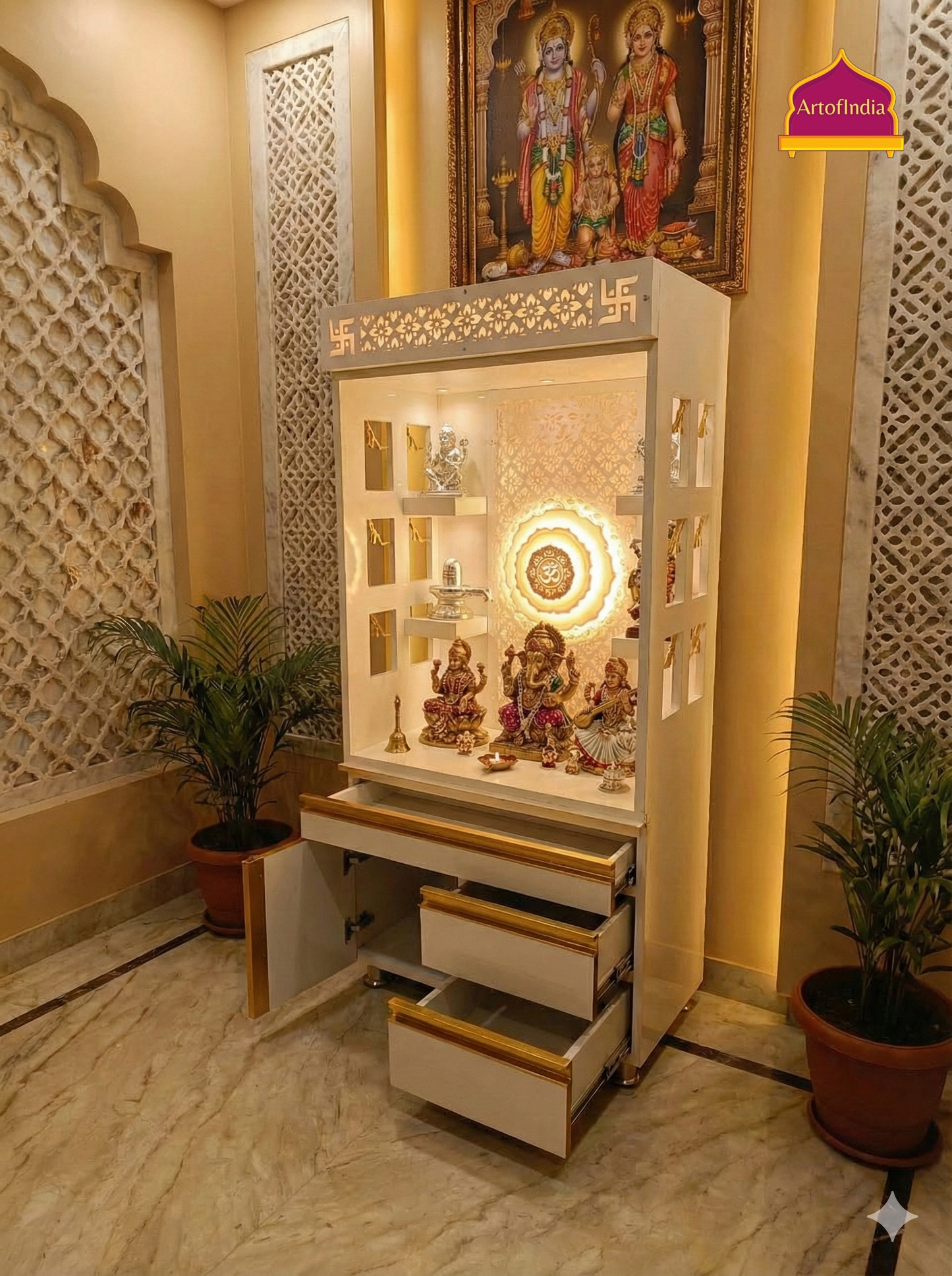 ARTOFINDIA White Wooden Pooja Mandir With Om Design  and Drawers Included Tray