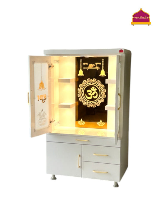 ARTOFINDIA White Wooden Pooja Mandir With Om Glass &  Glass Doors and Drawers Included Tray