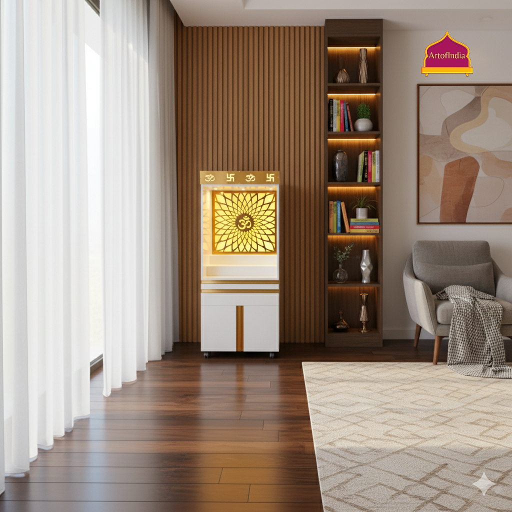 ARTOFINDIA White Wooden Pooja Mandir With Om Glass  and Drawers Included Tray