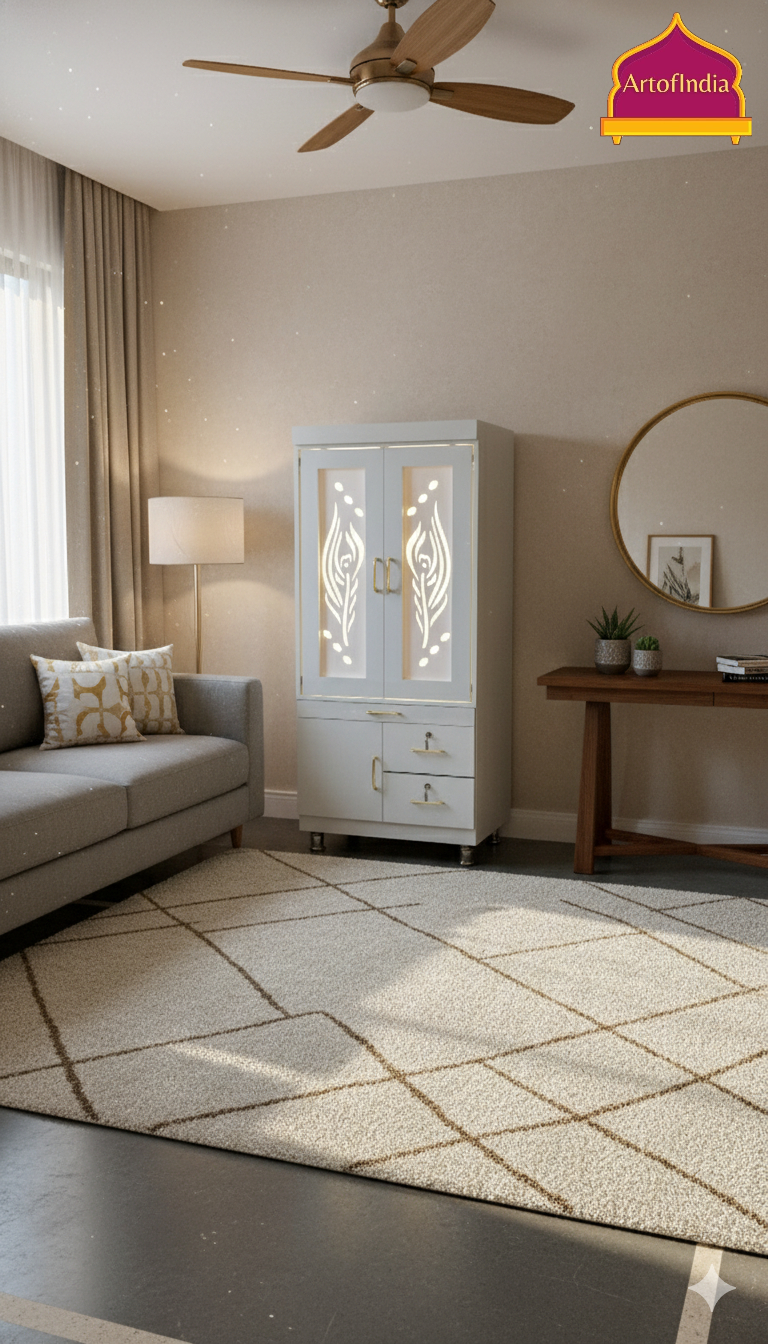 ARTOFINDIA White Wooden Pooja Mandir  With mor pankh door & Shri Radha Design with shelfs  and drawers & tray