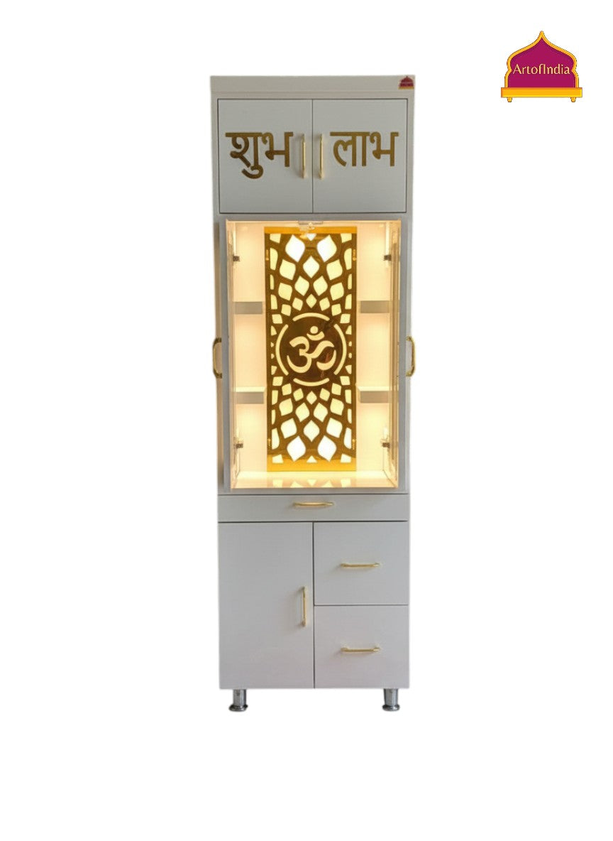 ARTOFINDIA White Wooden Pooja Mandir With  Om Jali & Shelfs and Drawers Included Tray