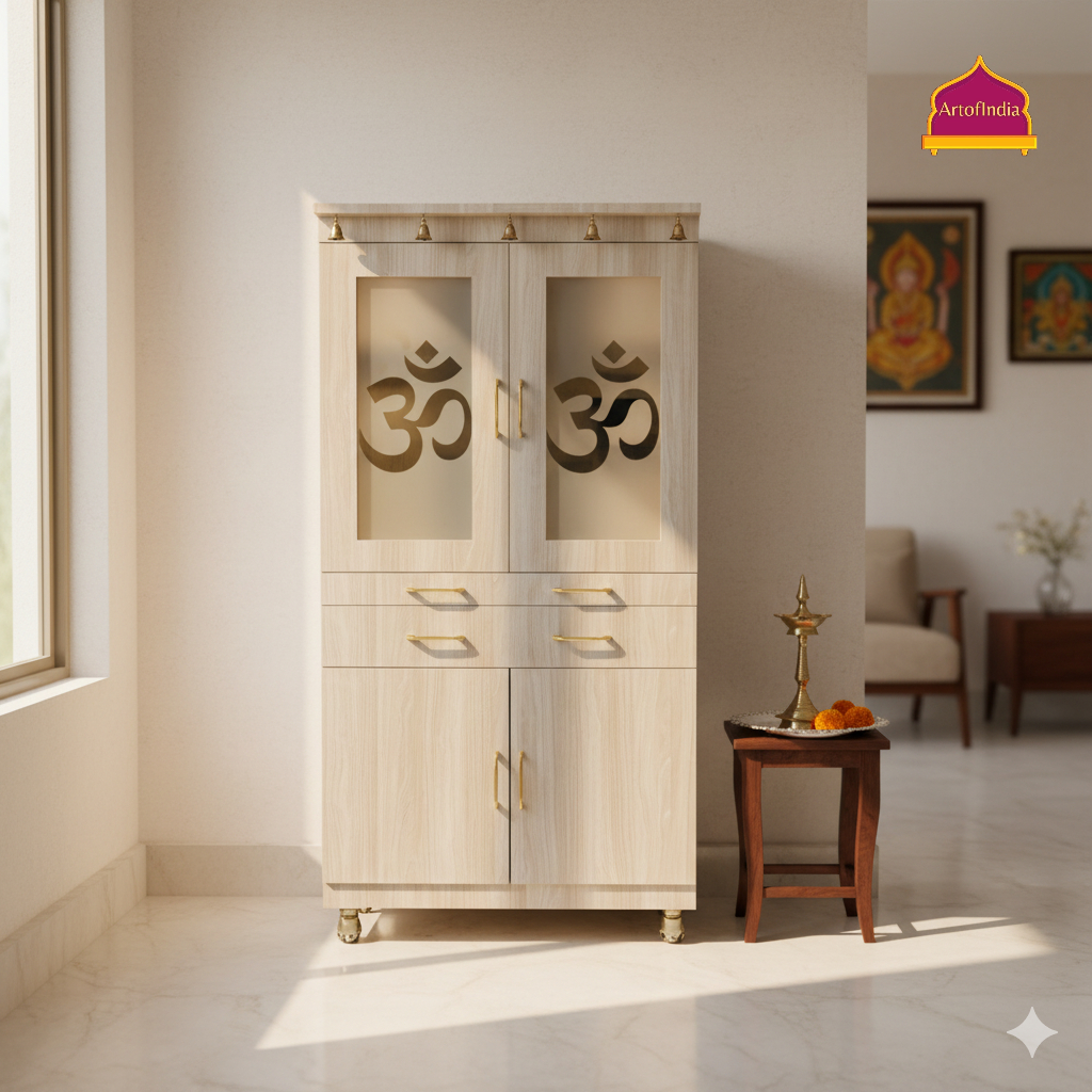 ARTOFINDIA White Wooden Pooja Mandir With Glass Doors & Ganesha glass and Drawers Included Tray