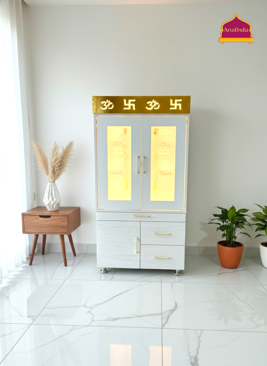 ARTOFINDIA White Wooden Pooja Mandir With Om Jali  &  Glass Doors and Drawers Included Tray