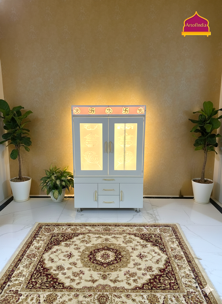 ARTOFINDIA White Wooden Pooja Mandir With  Mor Pankh Glass   &  and Drawers Included Tray