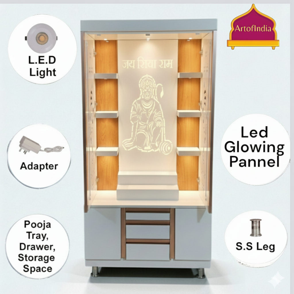 ARTOFINDIA White Wooden Pooja Mandir  With Ganesha doors ,Hanuman Design  with profile & shelfs  and drawers & tray