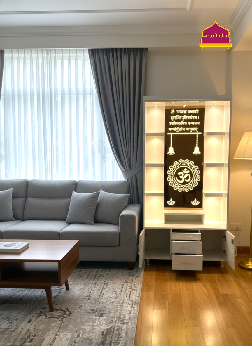 ARTOFINDIA White Wooden Pooja Mandir With Om Glass & and Drawers Included Tray