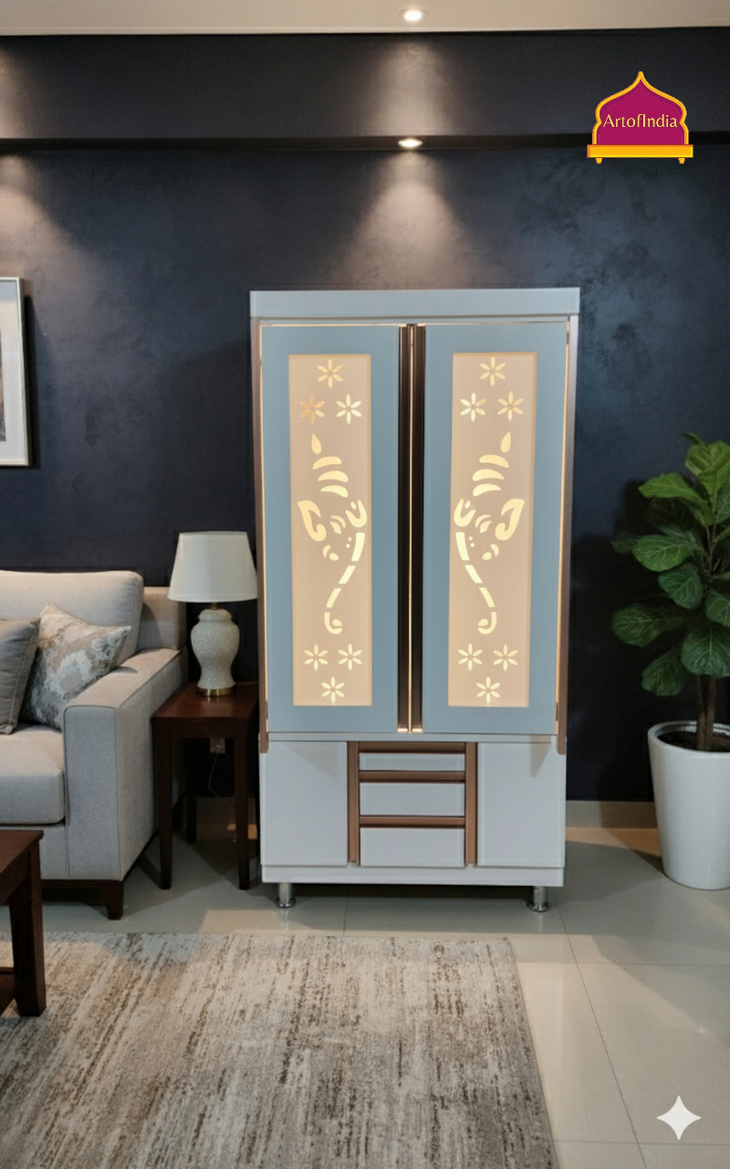 ARTOFINDIA White Wooden Pooja Mandir  With Ganesha doors ,Hanuman Design  with profile & shelfs  and drawers & tray