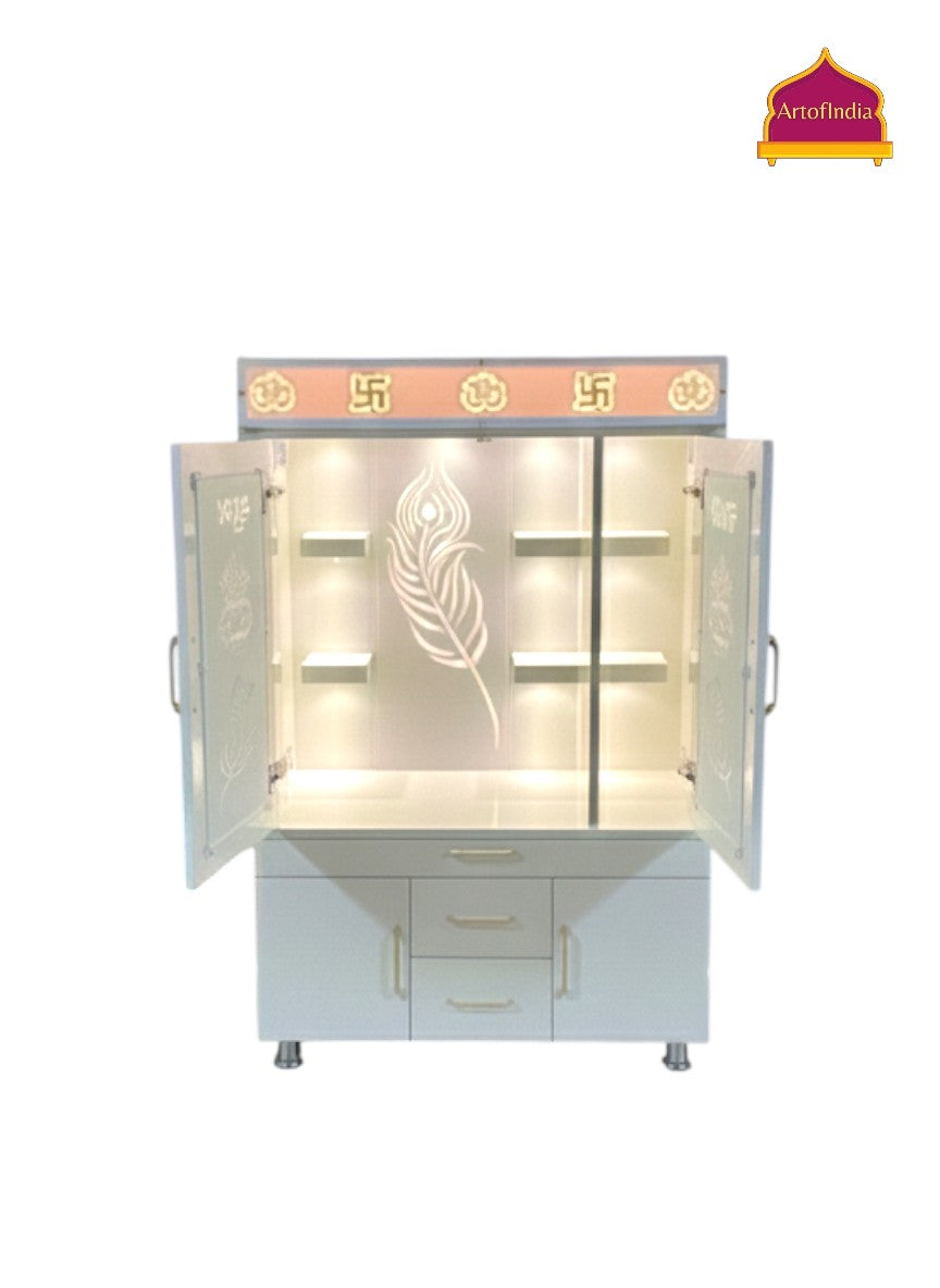 ARTOFINDIA White Wooden Pooja Mandir With  Mor Pankh Glass   &  and Drawers Included Tray