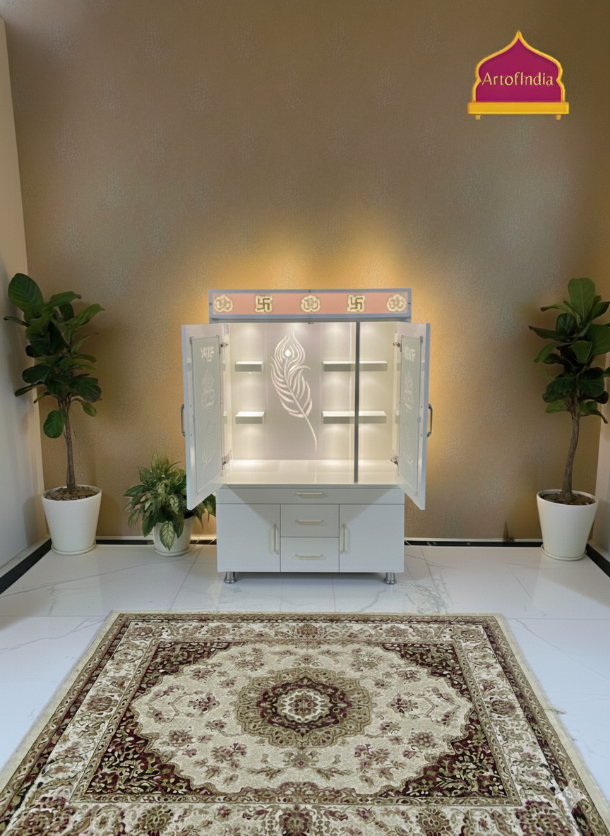 ARTOFINDIA White Wooden Pooja Mandir With  Mor Pankh Glass   &  and Drawers Included Tray