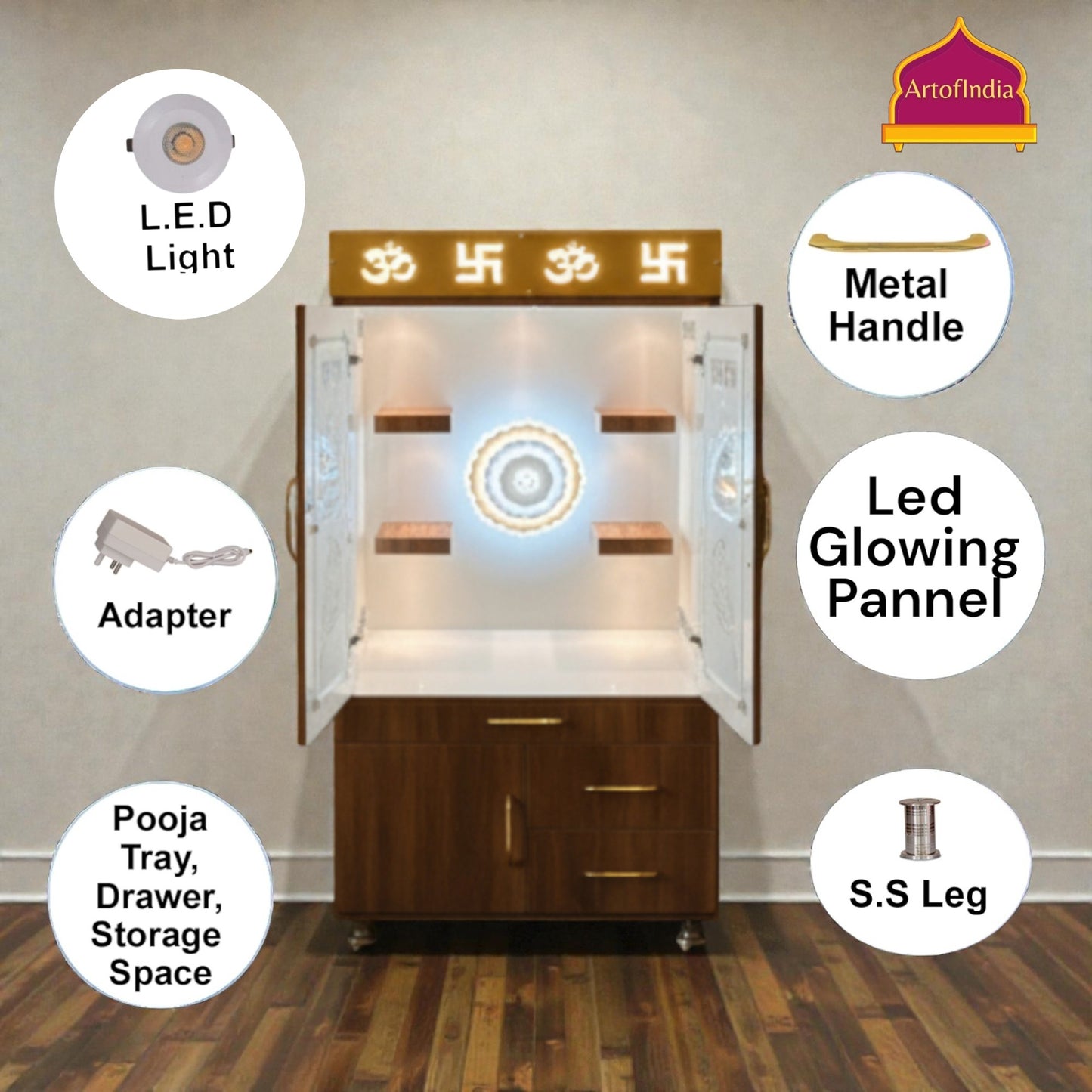 ARTOFINDIA White Brown  Wooden Pooja Mandir With Om Design  &  Glass Doors and Drawers Included Tray