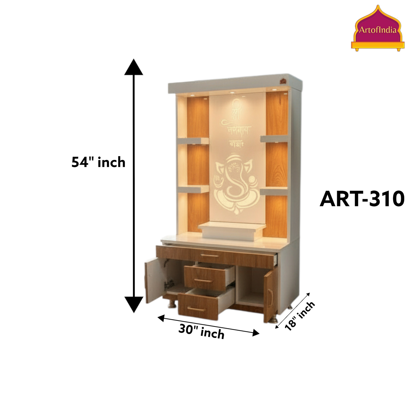 ARTOFINDIA White Wooden Pooja Mandir With Ganesh  Design   and Drawers Included Tray