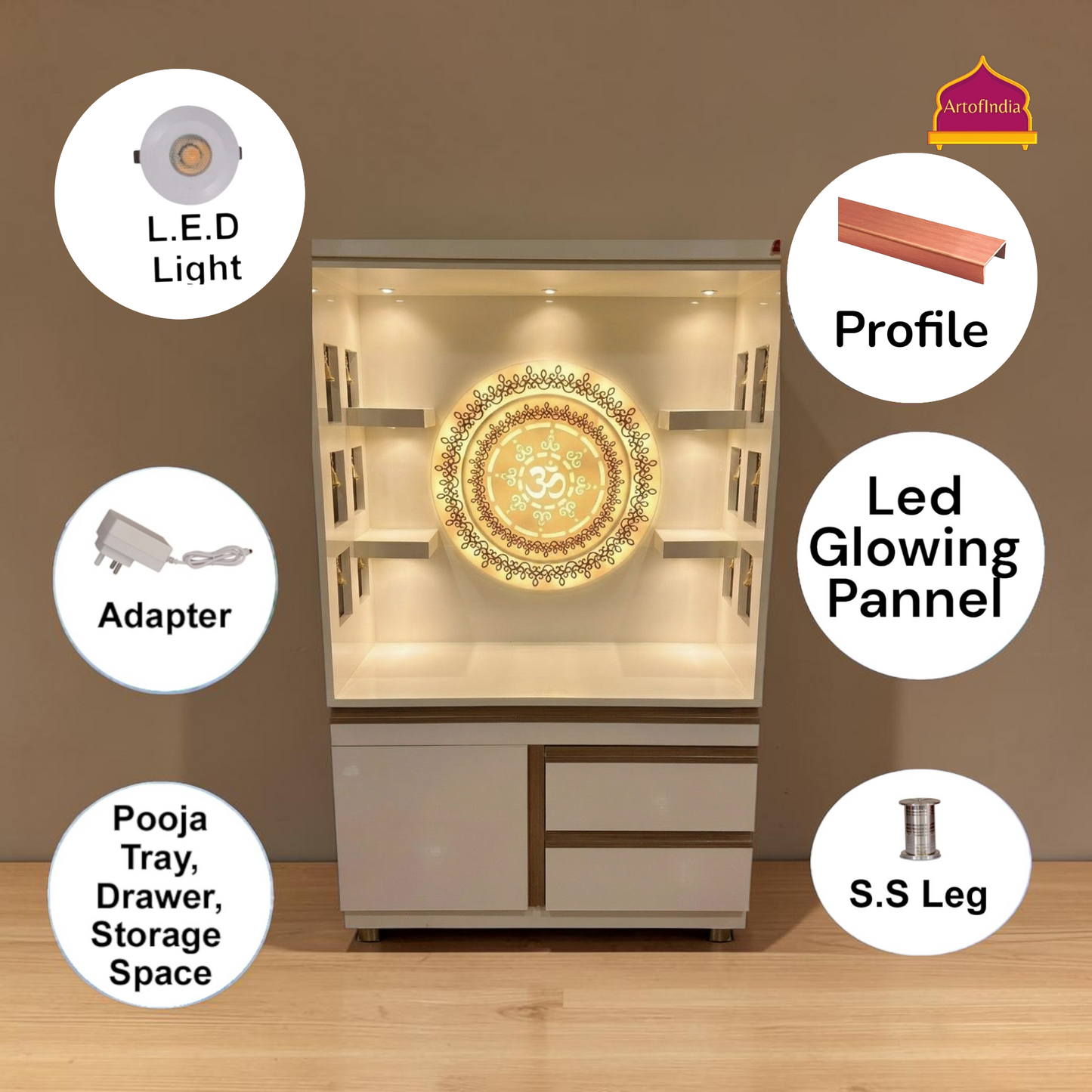ARTOFINDIA White  Wooden Pooja Mandir  With Om Acrlyic Gola With Drawers Including Tray