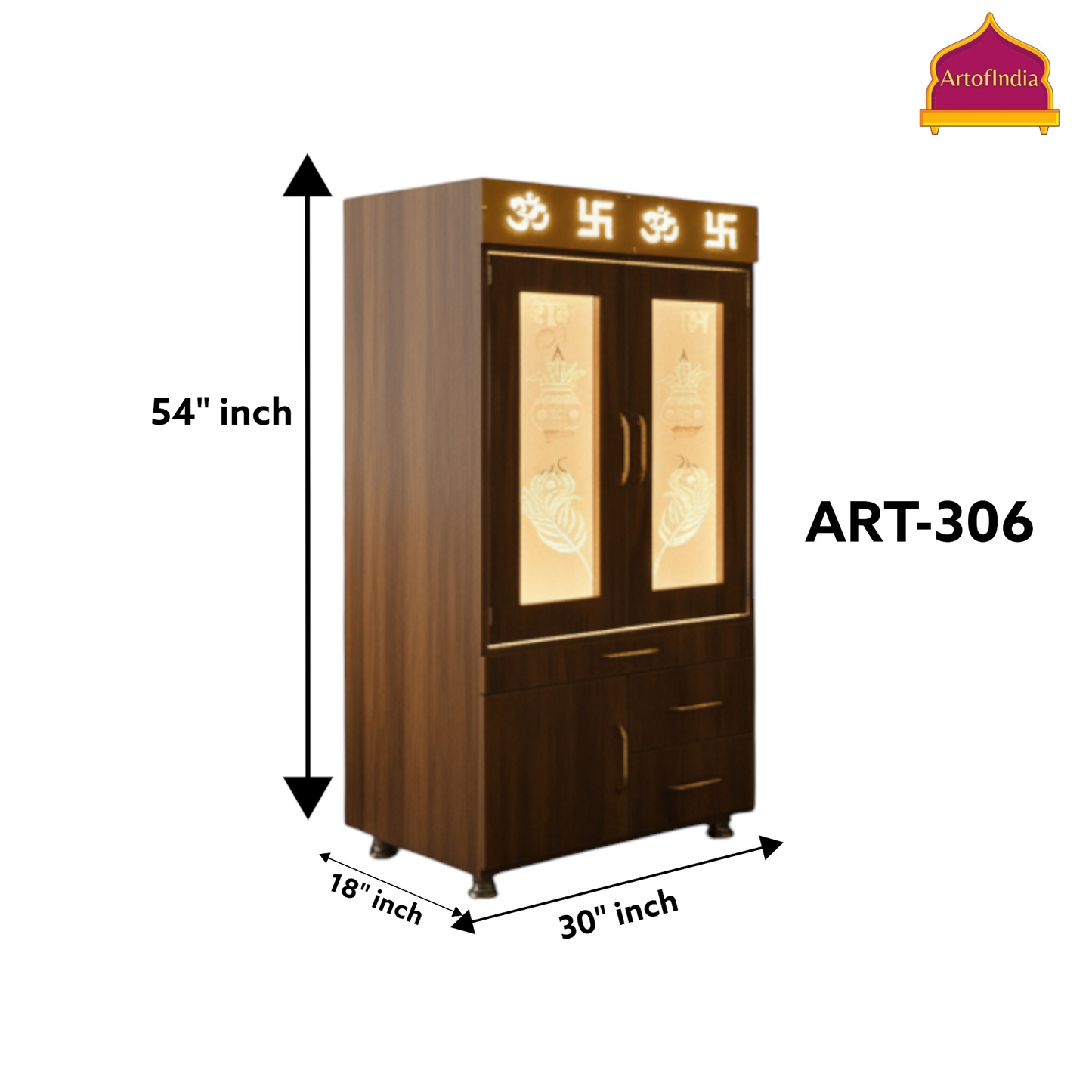 ARTOFINDIA White Brown  Wooden Pooja Mandir With Om Design  &  Glass Doors and Drawers Included Tray