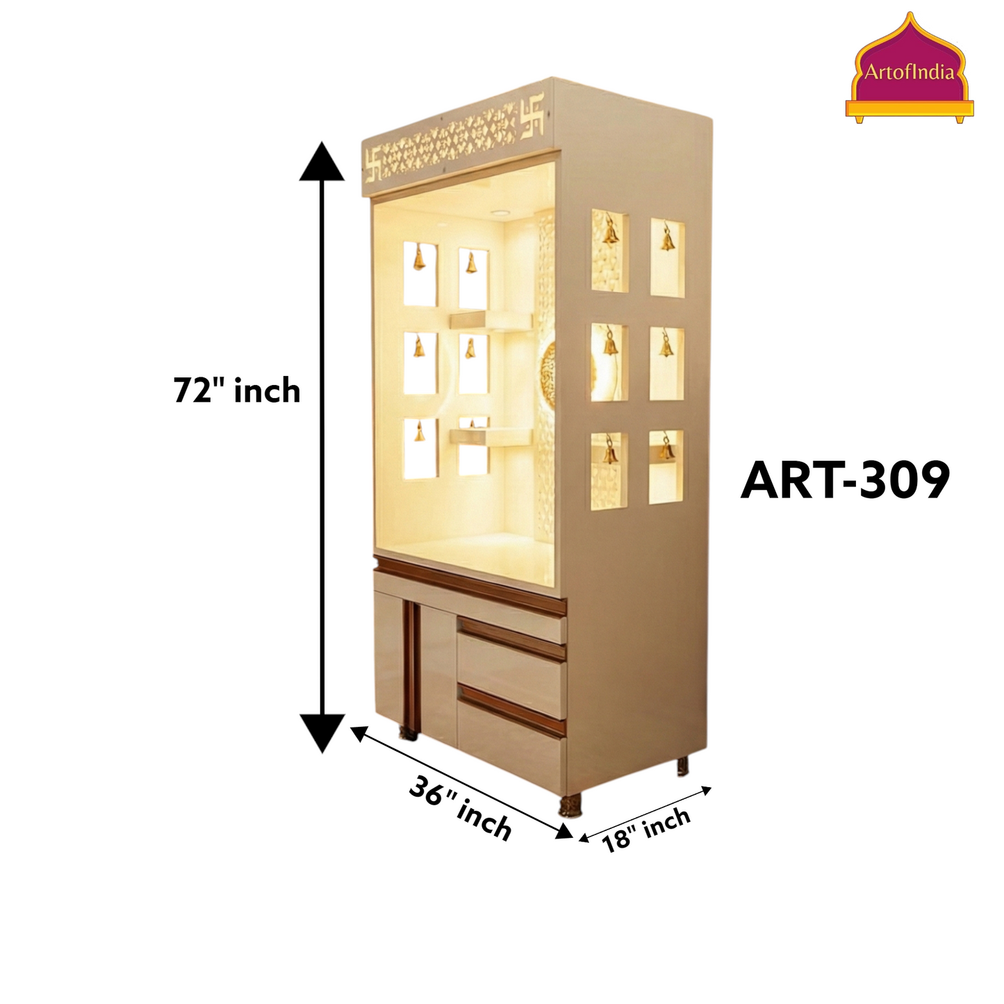 ARTOFINDIA White Wooden Pooja Mandir With Om Design  and Drawers Included Tray