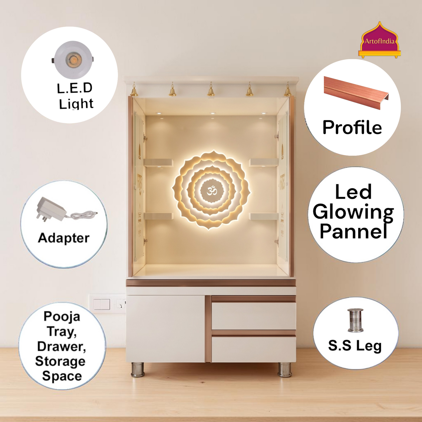 ARTOFINDIA White  Wooden Pooja Mandir  With Om Gola With P.Doors Drawers Including Tray