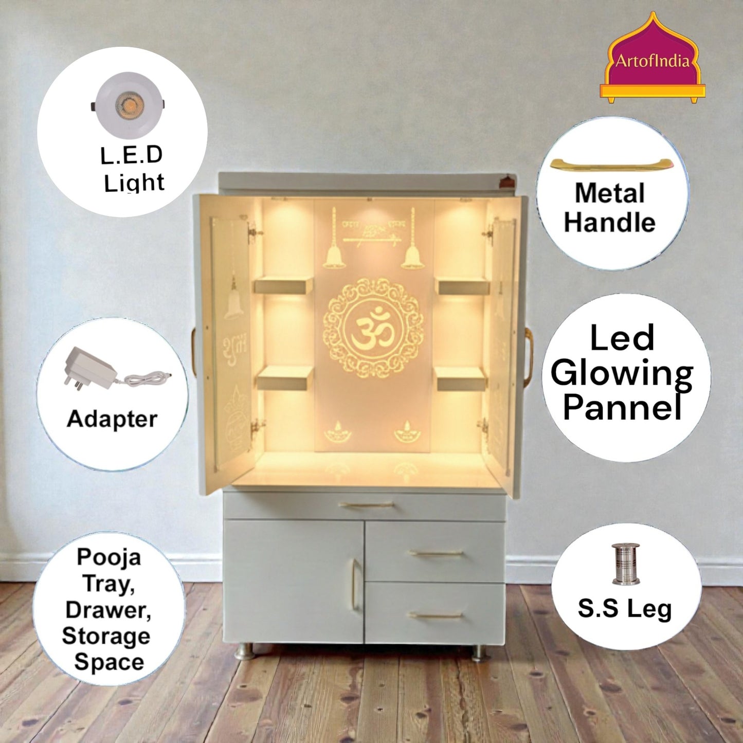 ARTOFINDIA White Wooden Pooja Mandir With Om Design Glass and Doors With  Drawers Included Tray